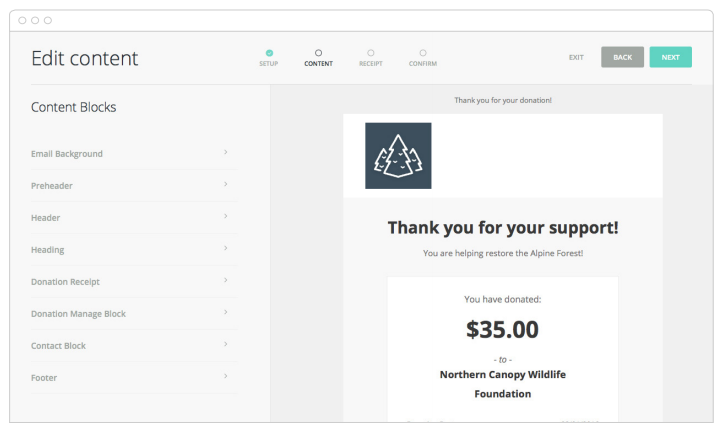 An example of a customizable, automated donation receipt through Classy.