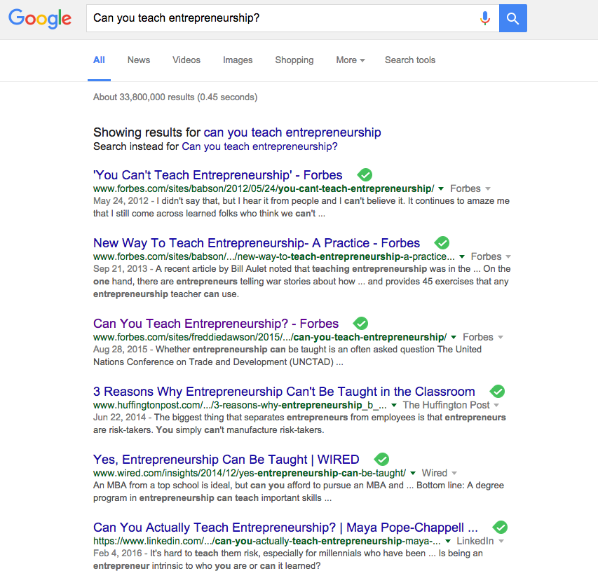 Image of google search for can you teach entrepreneurship