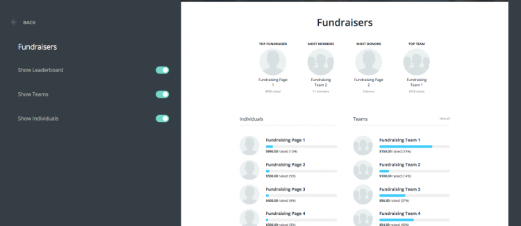 An example of an enabled fundraiser leaderboard on a Classy Peer-to-Peer page