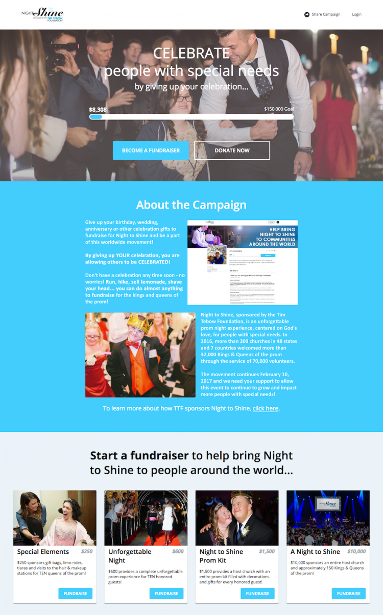 Tim Tebow Foundation's Classy P2P Landing Page. Click to see the full page live.