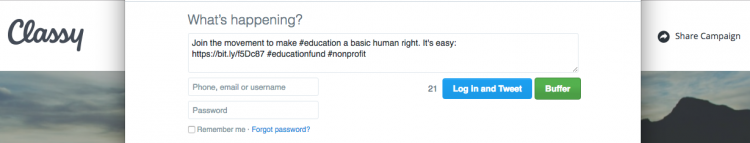 A tweet populated with pre-set social copy when shared from the campaign page
