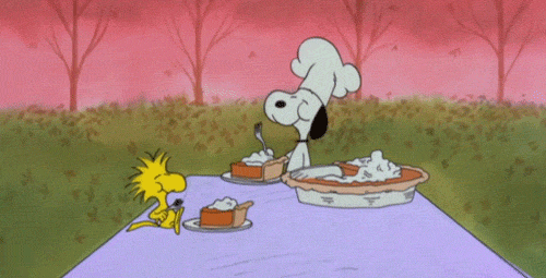 Snoopy and Woodstock eating pie