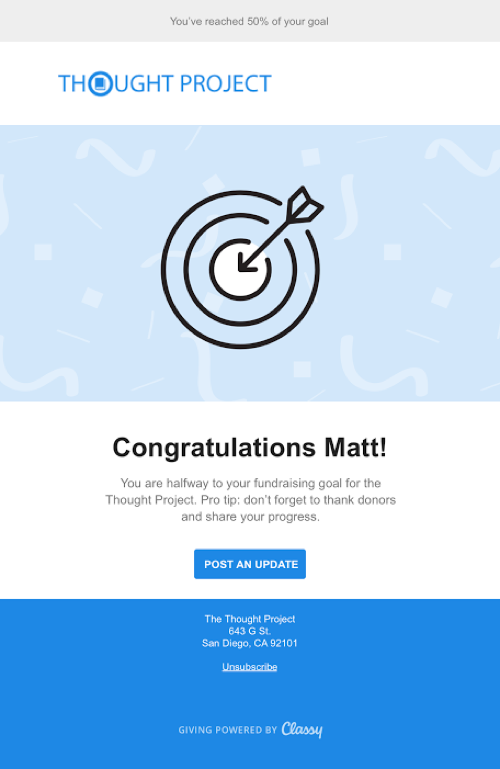 Image of a milestone email motivating fundraisers