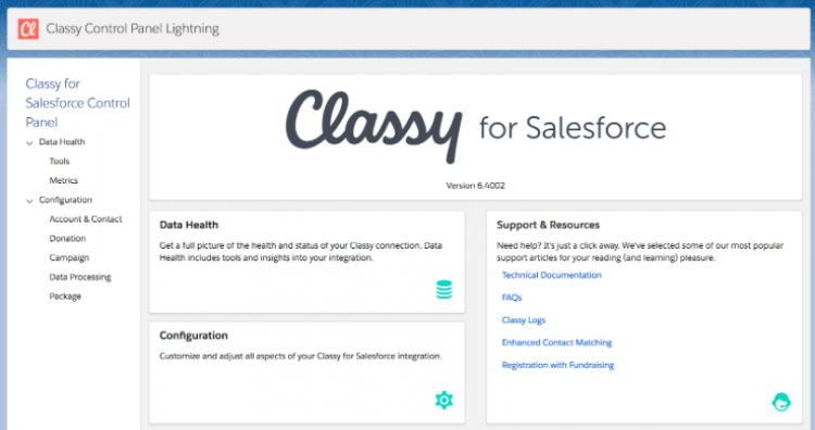 classy for salesforce integration control panel