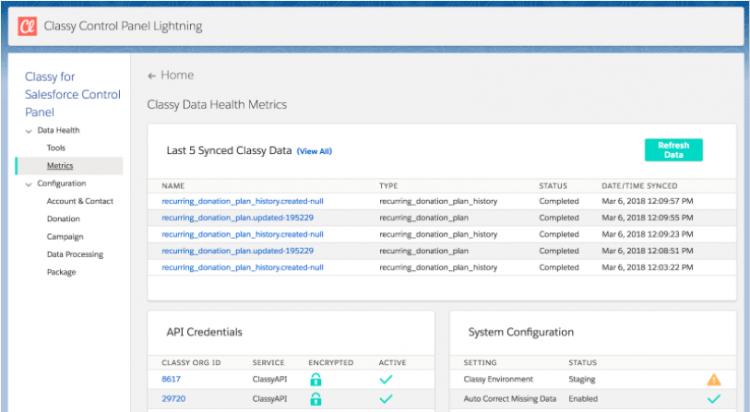 classy for salesforce integration control panel