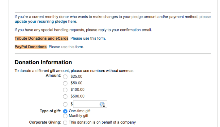 Screenshot of nonprofit fundraising appeal 