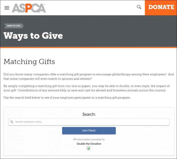 The ASPCA’s matching gift search tool in action.
