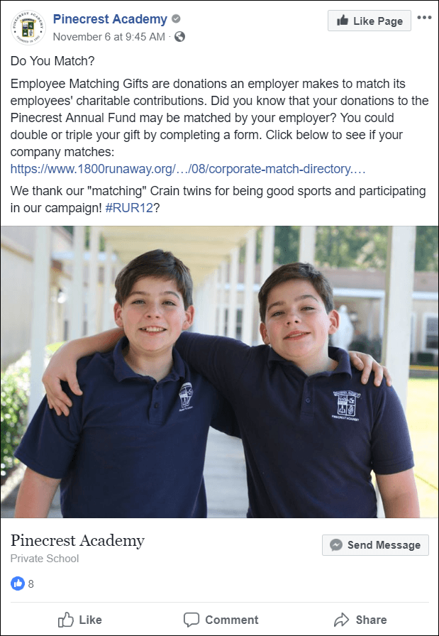 Facebook post about matching gifts from Pinecrest Academy.
