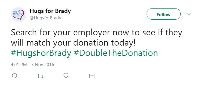 Tweet from the Hugs for Brady Foundation about matching gifts.