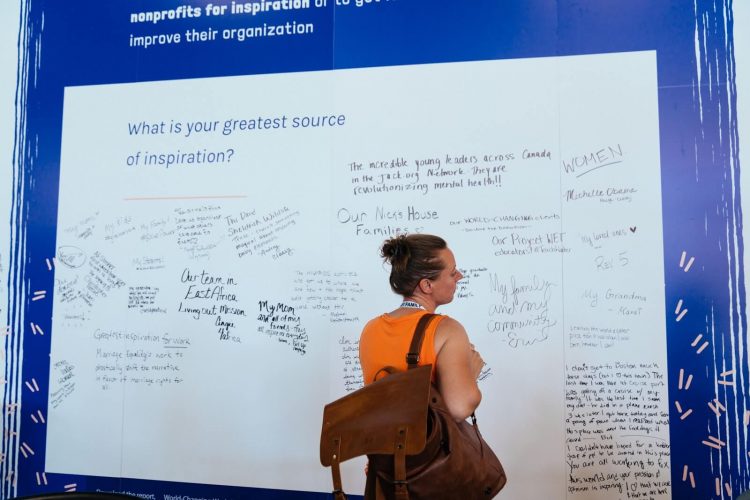 Woman writing on interactive wall at the Collaborative 2019 