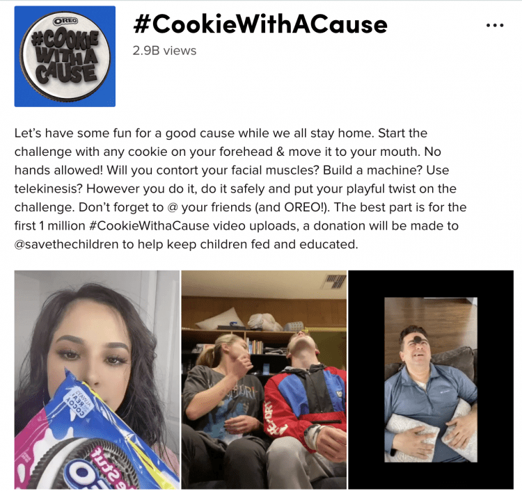 A screenshot of the #CookieWithACause campaign hosted by Oreo on TikTok.