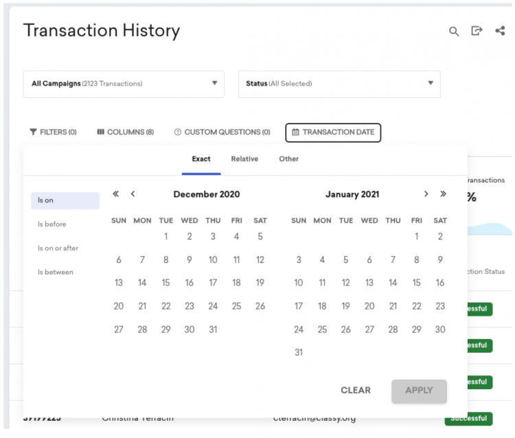 transactions report in Classy