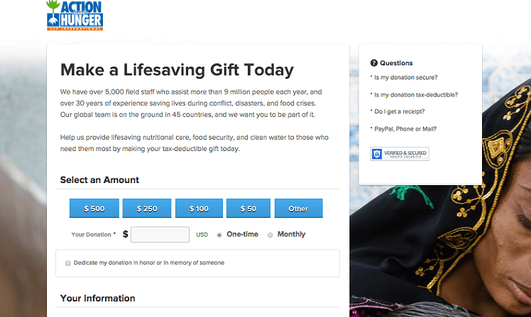 Action Against Hunger Nonprofit Home Page Donation Form