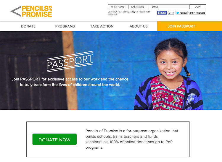 Pencils of Promise Home Page Recurring Giving Campaign