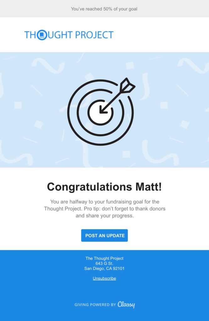 Email example of fundraising progress notification