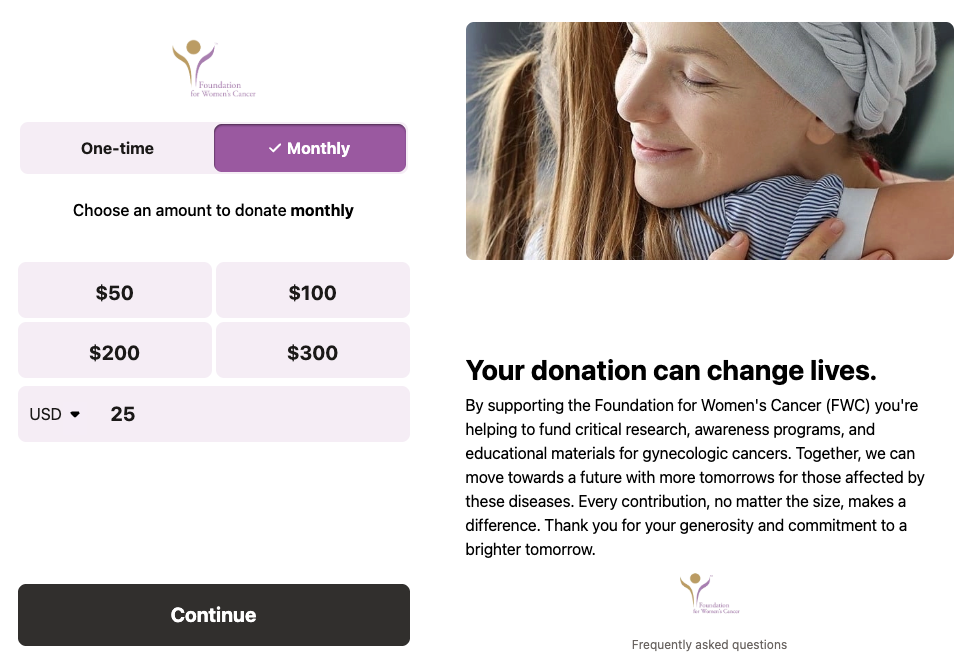 Foundation for Women’s Cancer donation form example on Studio