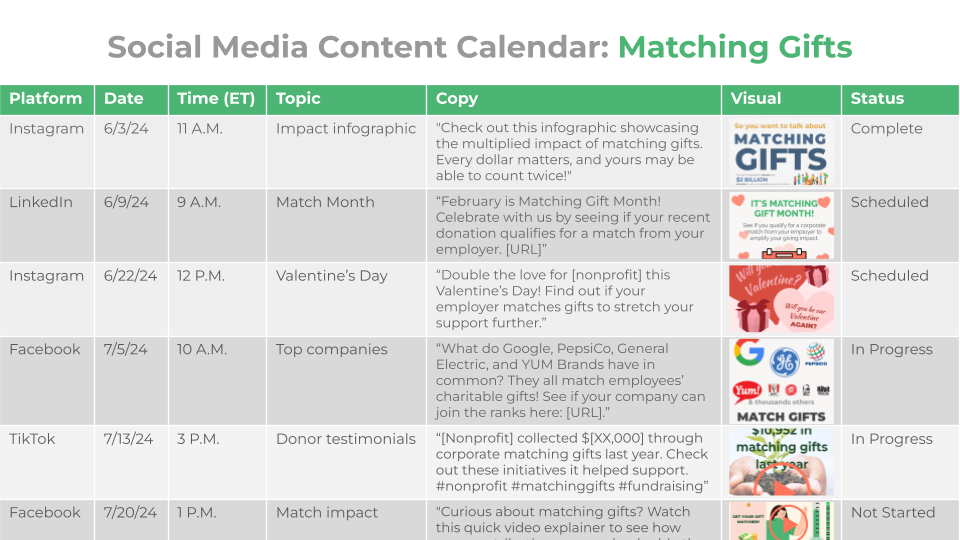 Matching gift marketing calendar for social media