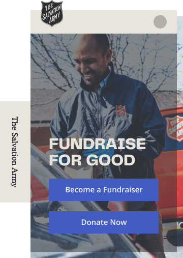 Example of the salvation army peer-to-peer fundraising page including call to action buttons, headline image and their photo