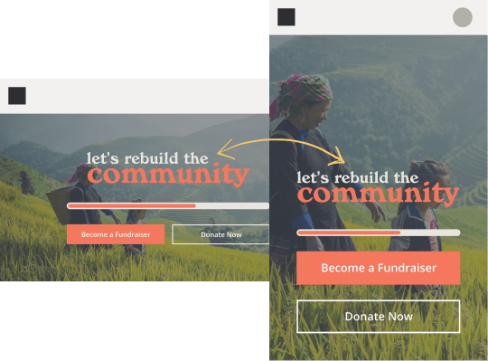 Example of peer-to-peer fundraising page in a landscape and portrait orientation including call to action buttons, headline image, thermometer bar and photo