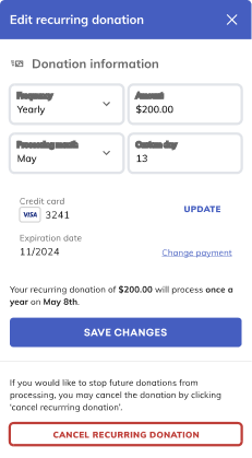 Example of womxn move fundraising page with thermometer bar and donate button stacked behind womxn move donation page with donation amounts shown