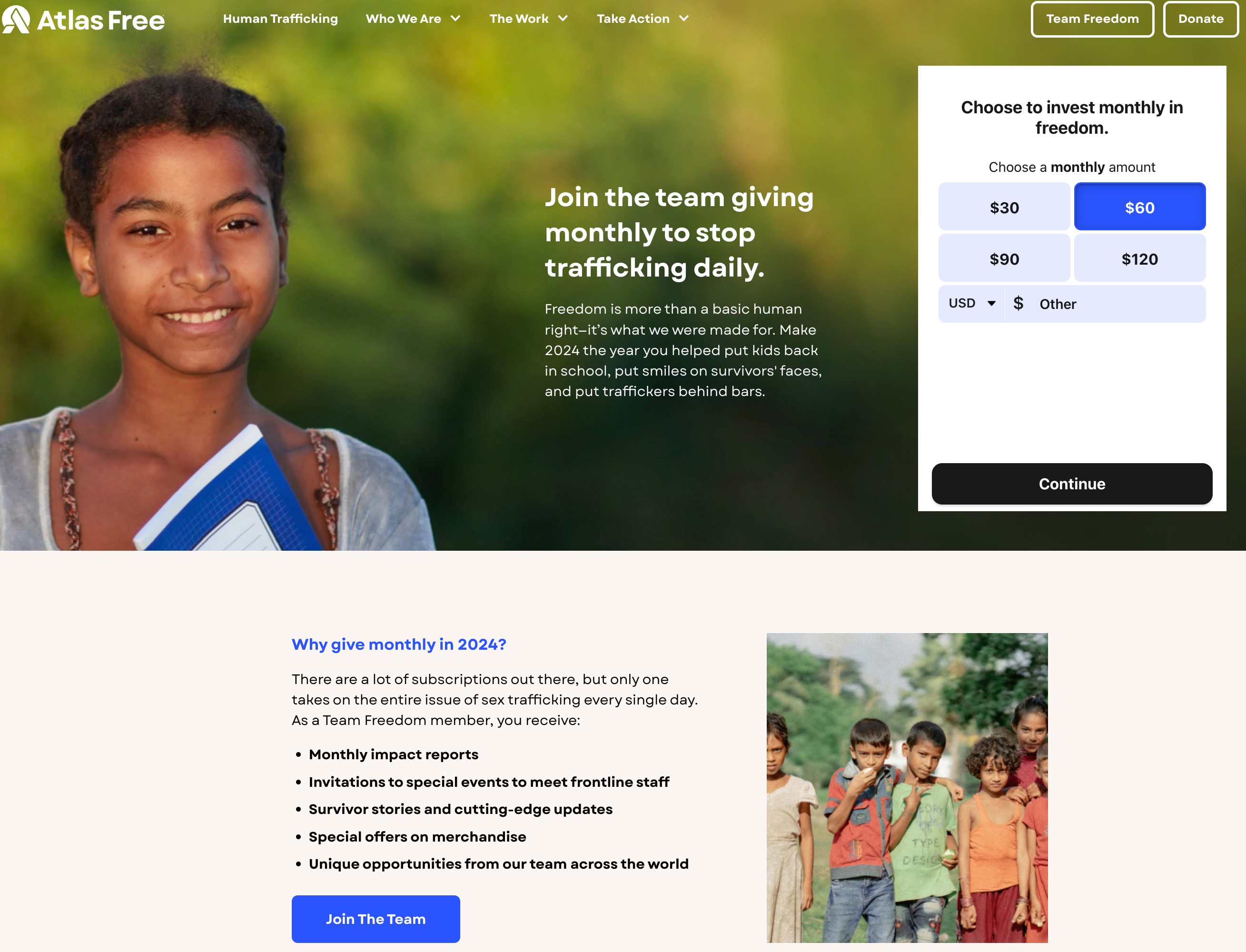 Atlas Free recurring giving program page on its website