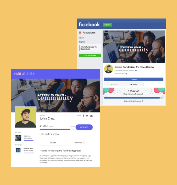 Facebook fundraising page and personal fundraising page on Classy side by side