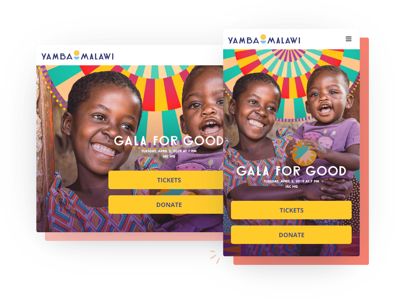 Fundraising event and ticketing solution example showing Yamba Malawi Gala for Good event page on both desktop and mobile screens