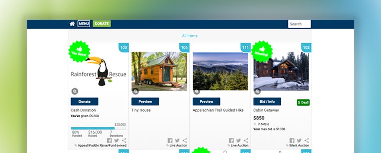 ClickBid's mobile auction platform, showing the different auction listings.