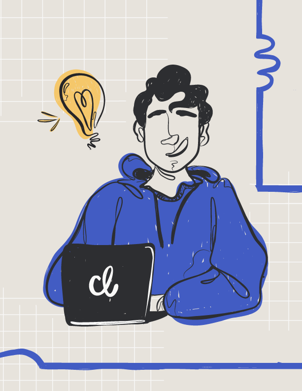 graphic illustration of young man in purple sweatshirt working on laptop