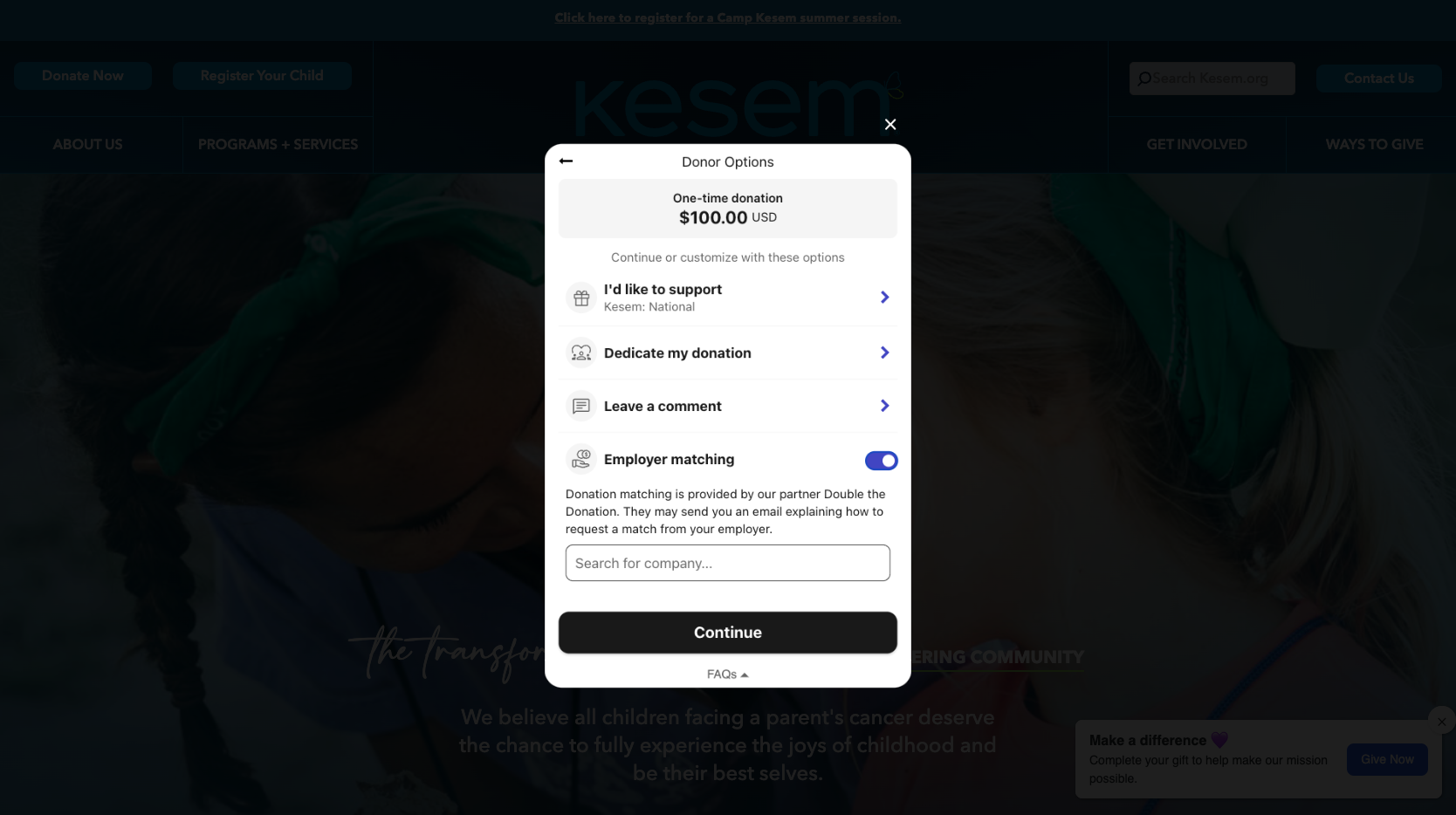 Kesem employer match on pop-up donation form