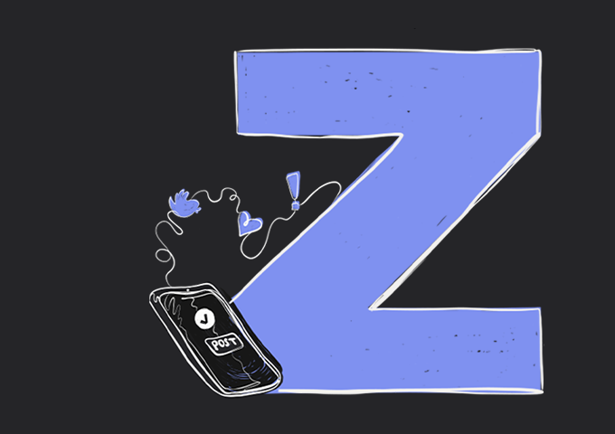 purple illustration of the letter "Z" with an illustrated cell phone beside it