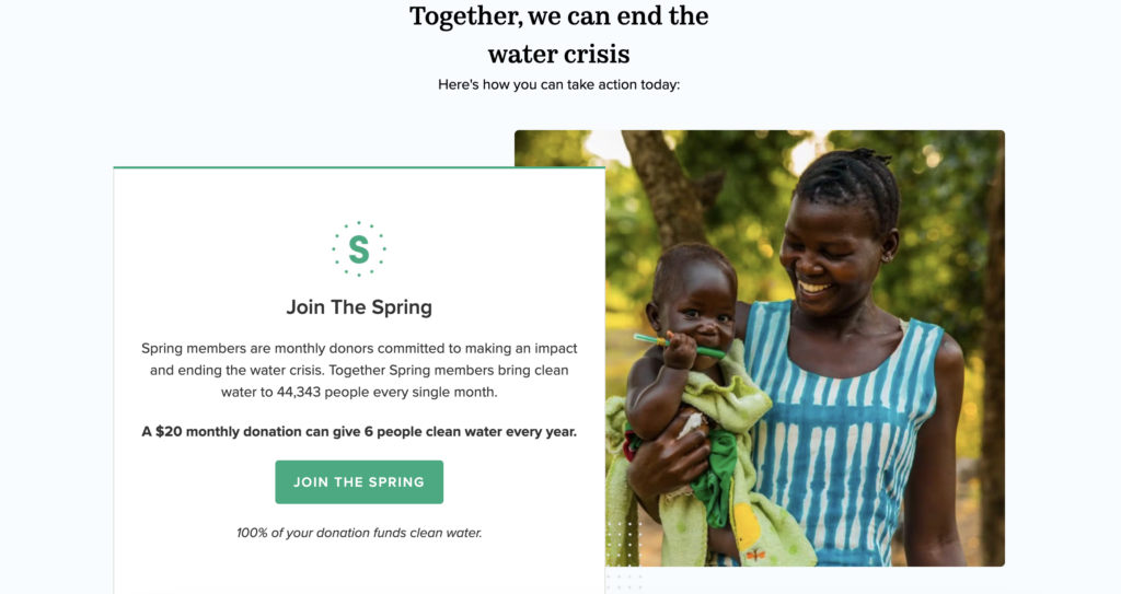 recurring giving CTA on charity: water's nonprofit website