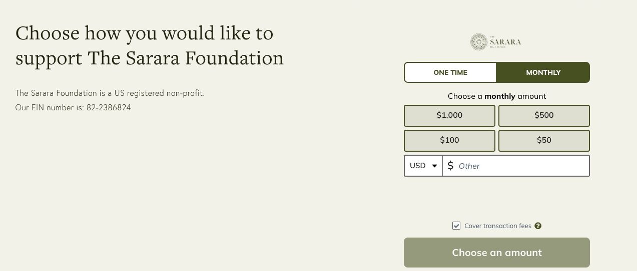 Donation form on Sarara Foundation's nonprofit website