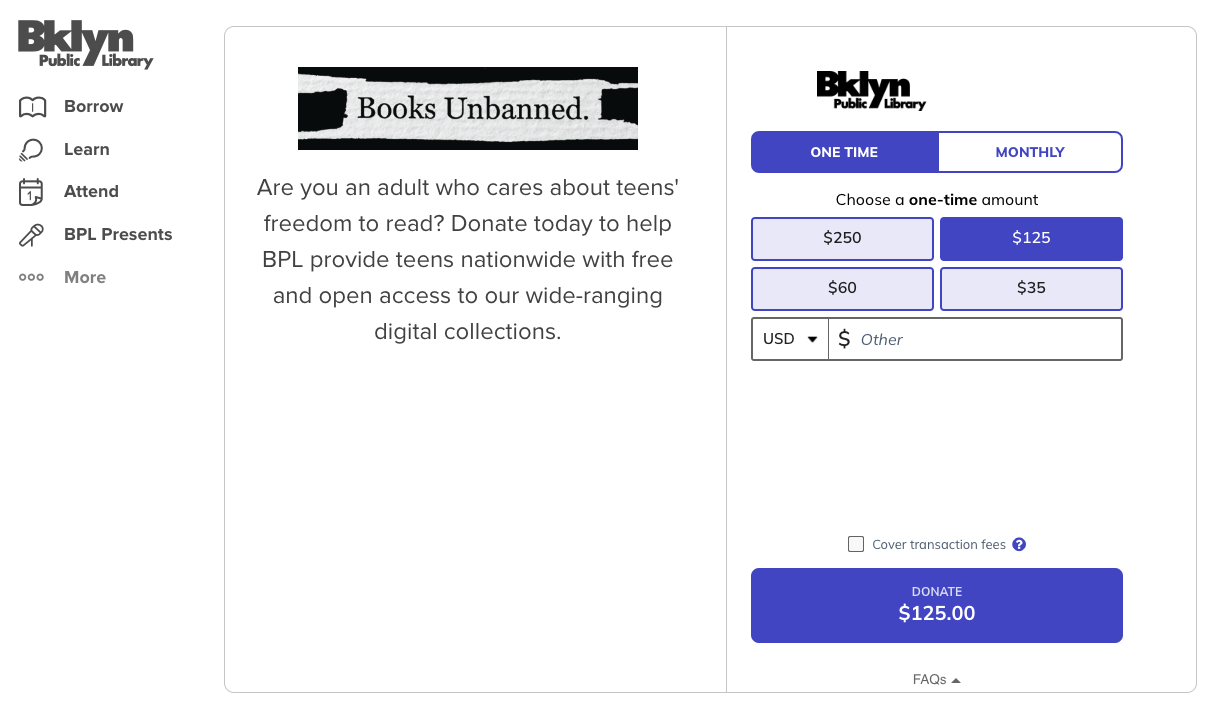 Brooklyn Public Library inline embedded donation form