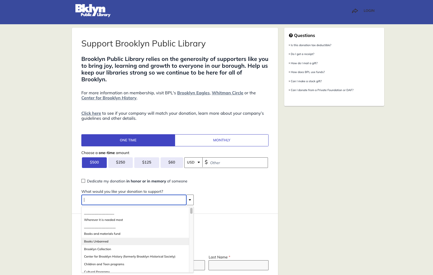 BPL donation page with program designation