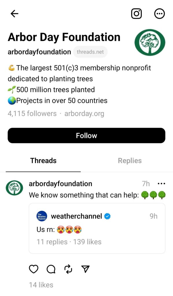 Threads post from Arbor Day Foundation