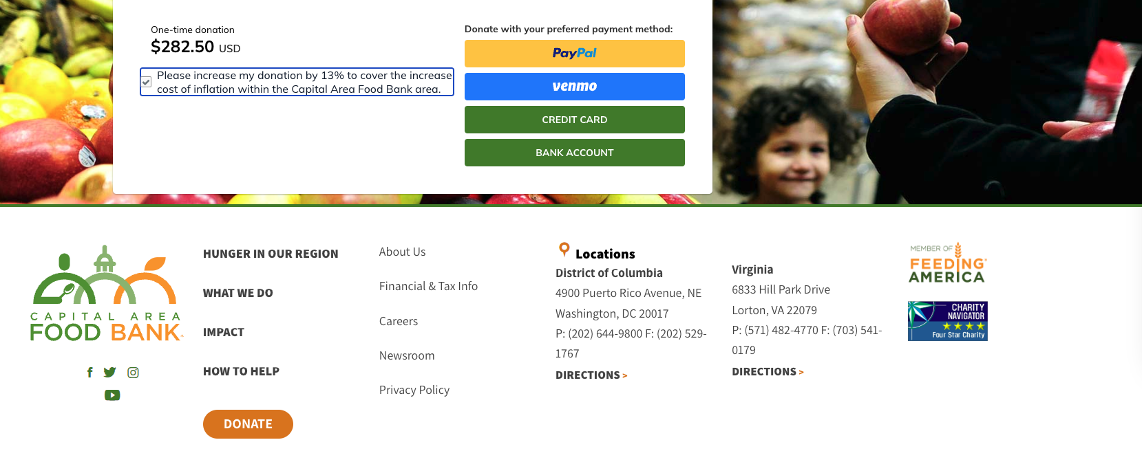 Capital Area Food Bank donation page