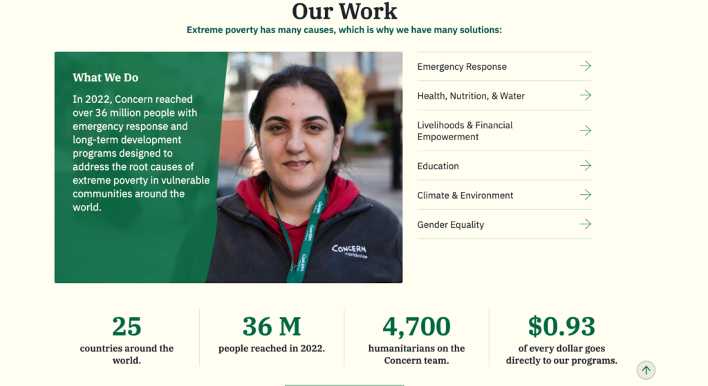 Concern Worldwide's impact stats on its nonprofit website