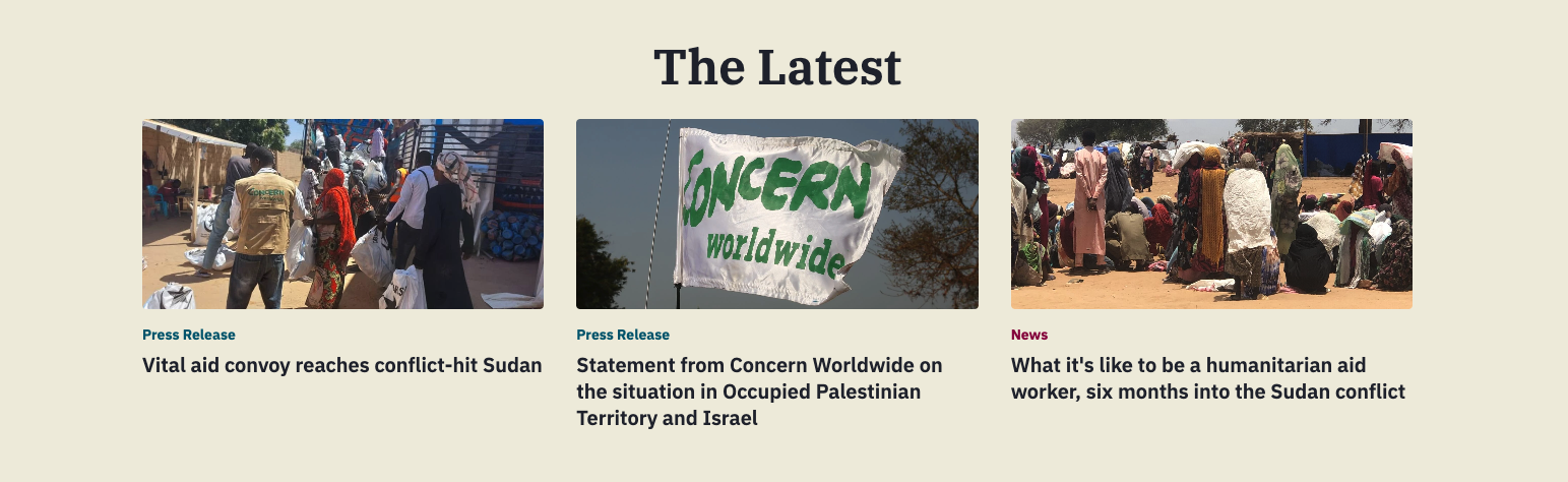 Concern Worldwide's "Latest" section on its nonprofit website