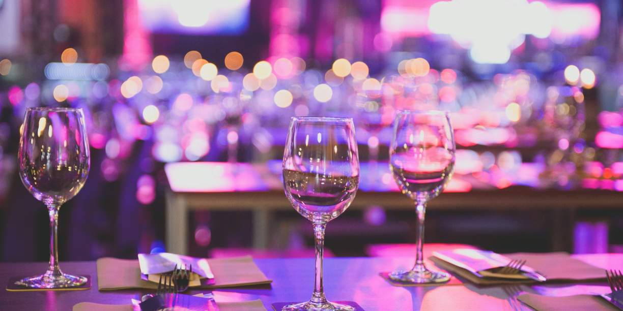 Wine glasses on the table at a nonprofit gala fundraiser